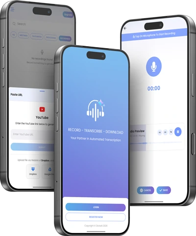The DictaAI app shown on three phone screens