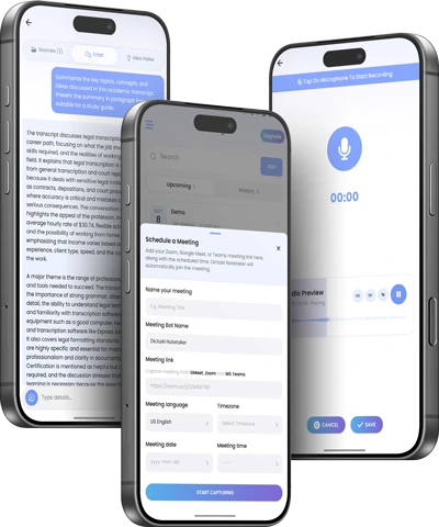The DictaAI app on three phone screens showing the recorder, welcome screen, and file upload